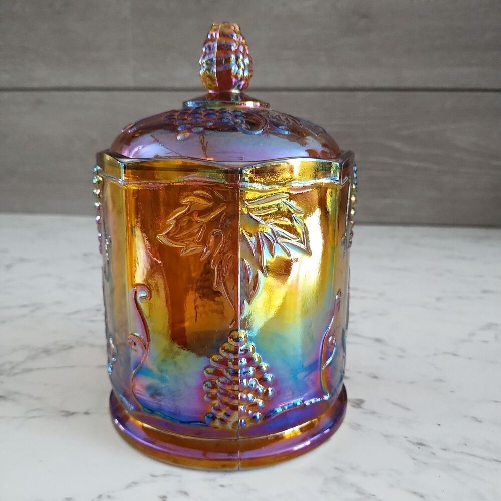 Vintage Indiana Glass Iridescent Marigold Carnival Harvest Grape Biscuit  Jar - Picture 9 of 12